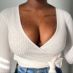 PRETTY LITTLE THING Cream Rib Long Sleeve Wrap Top